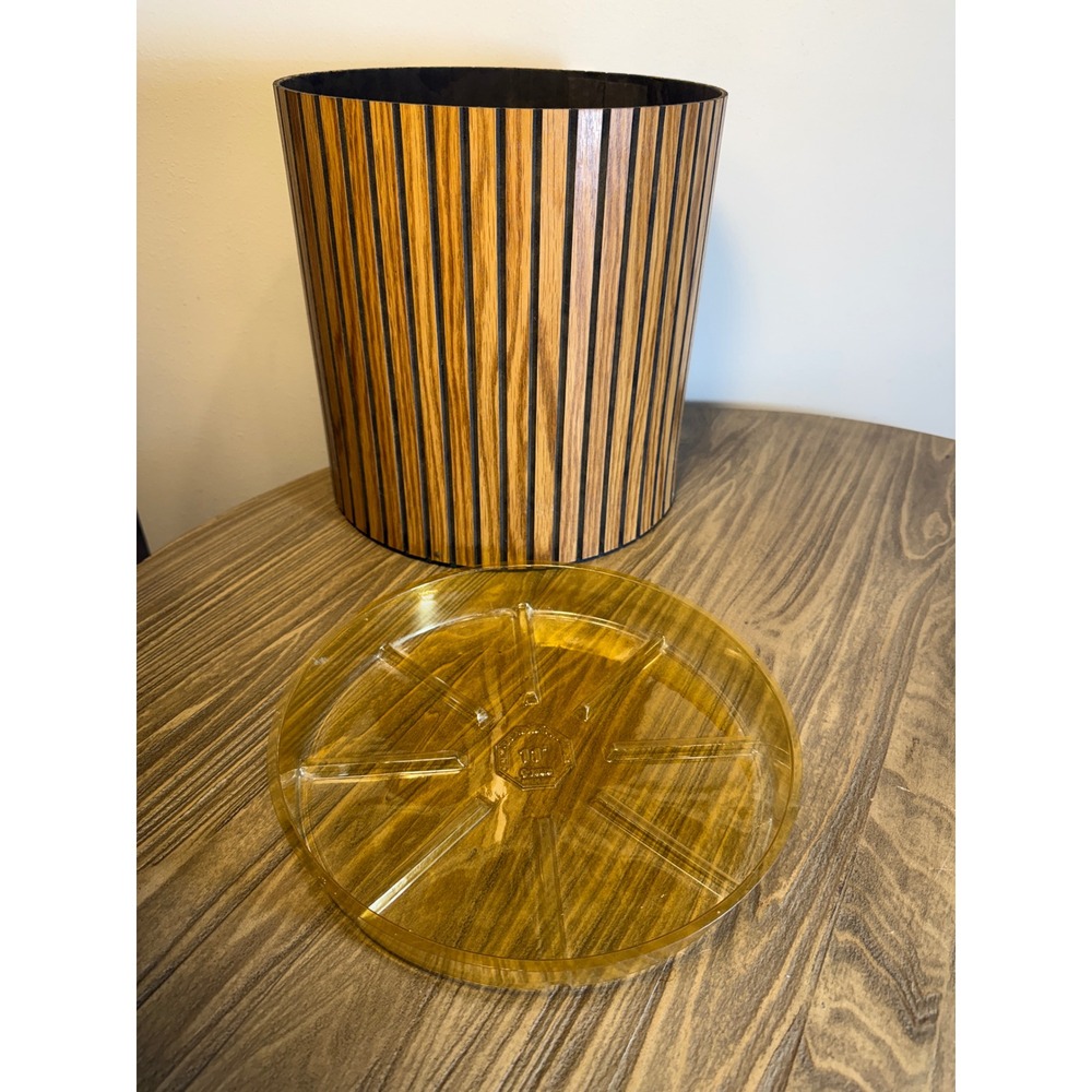 VTG MCM Wood Slat Wastebasket Trash Can Planter W/ 1980 Liner Mid Century Modern